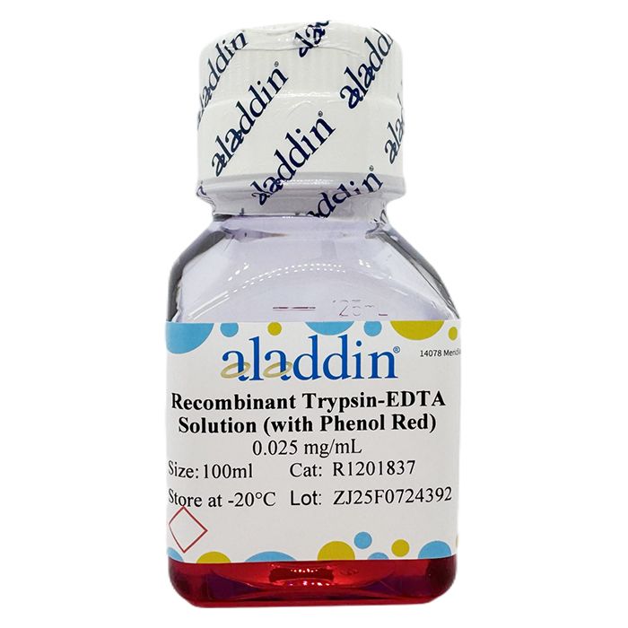Recombinant Trypsin-EDTA Solution (with Phenol Red) - BioReagent, for cell culture, sterile, 0.025 mg/mL  by Aladdin Scientific