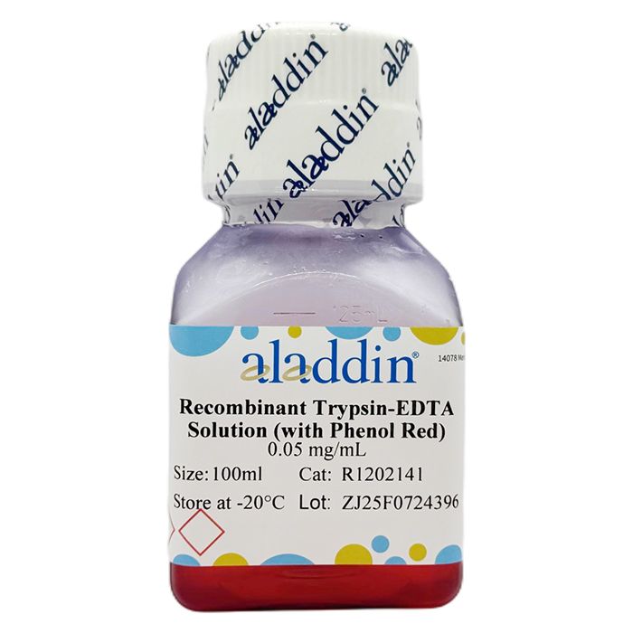 Recombinant Trypsin-EDTA Solution (with Phenol Red) - BioReagent, for cell culture, sterile, 0.05 mg/mL  by Aladdin Scientific